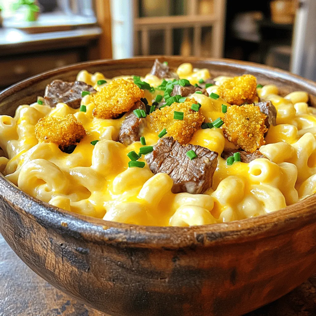 To make beer mac and cheese with steak bites, start with simple ingredients. You will need 8 oz of elbow macaroni, 2 cups of sharp cheddar cheese, and 1 cup of Gruyère cheese. Gather 1 cup of whole milk and 1/2 cup of beer, too. You will also need 4 tablespoons of butter, 1/4 cup of flour, garlic powder, onion powder, salt, and pepper. For the steak, use 1 lb of sirloin cut into small pieces. Add olive oil, smoked paprika, and cayenne pepper for flavor.