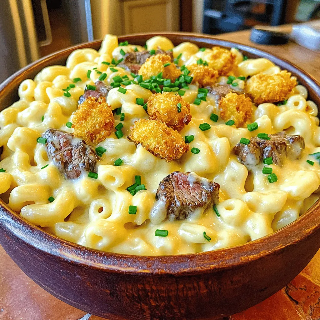 To make beer mac and cheese with steak bites, start with simple ingredients. You will need 8 oz of elbow macaroni, 2 cups of sharp cheddar cheese, and 1 cup of Gruyère cheese. Gather 1 cup of whole milk and 1/2 cup of beer, too. You will also need 4 tablespoons of butter, 1/4 cup of flour, garlic powder, onion powder, salt, and pepper. For the steak, use 1 lb of sirloin cut into small pieces. Add olive oil, smoked paprika, and cayenne pepper for flavor.