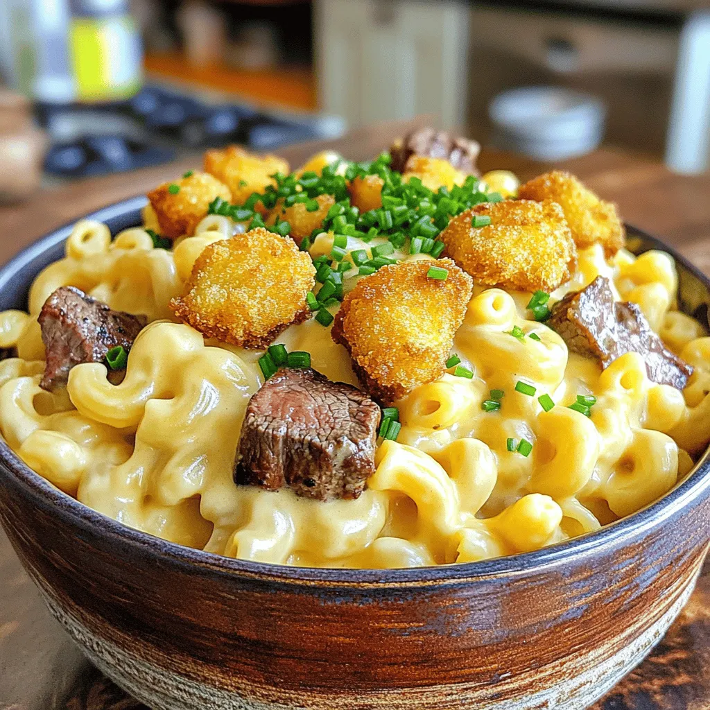 To make beer mac and cheese with steak bites, start with simple ingredients. You will need 8 oz of elbow macaroni, 2 cups of sharp cheddar cheese, and 1 cup of Gruyère cheese. Gather 1 cup of whole milk and 1/2 cup of beer, too. You will also need 4 tablespoons of butter, 1/4 cup of flour, garlic powder, onion powder, salt, and pepper. For the steak, use 1 lb of sirloin cut into small pieces. Add olive oil, smoked paprika, and cayenne pepper for flavor.