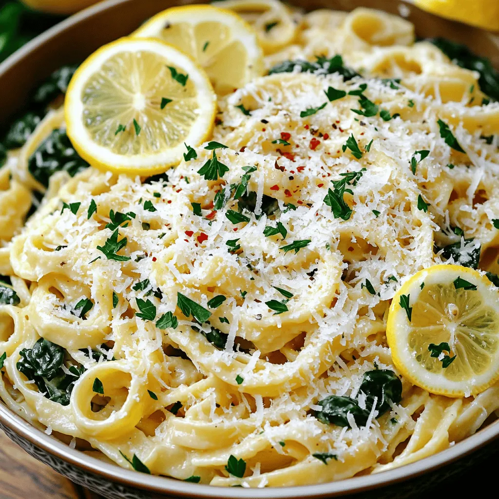 This recipe shines with just a few key ingredients. You start with pasta, vegetable broth, garlic, olive oil, and Parmesan cheese. The magic happens when you add lemon for zest and juice. Fresh spinach adds color and nutrition, but it’s optional.