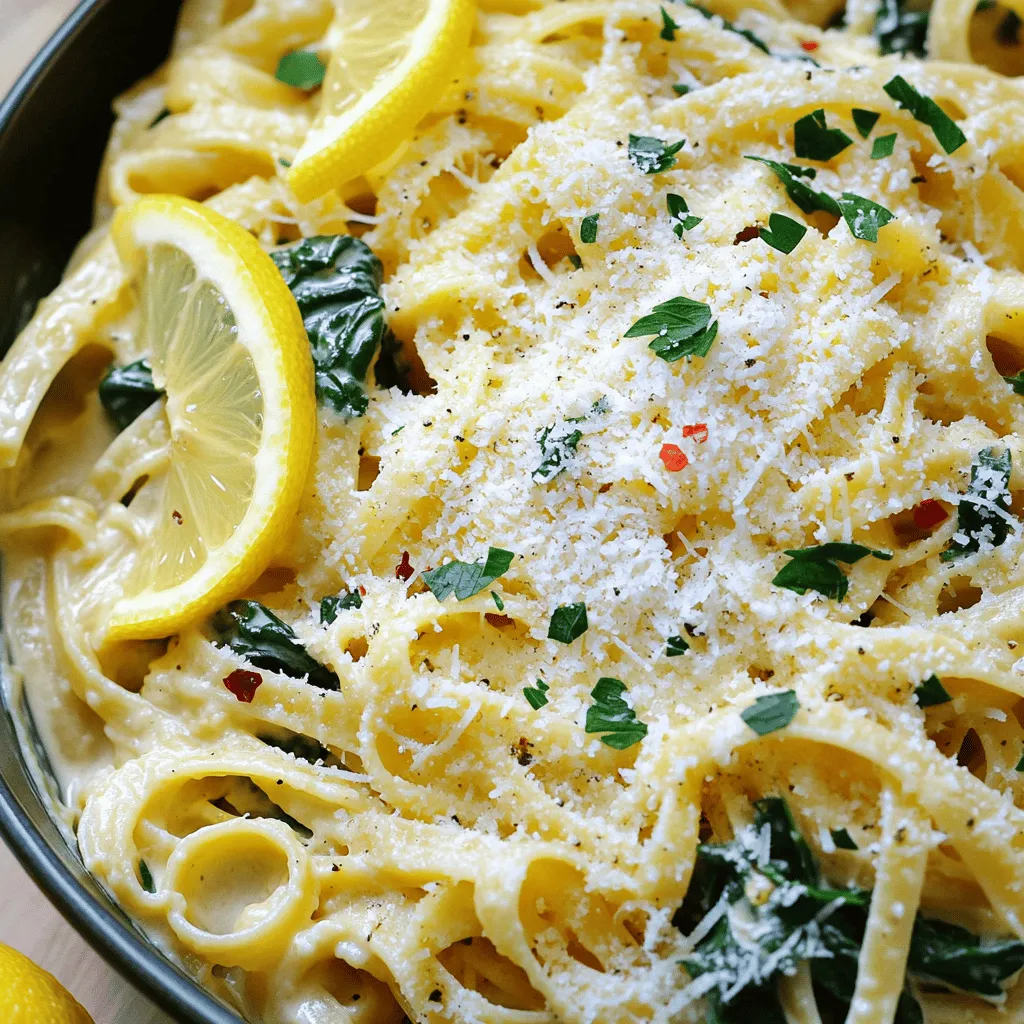 This recipe shines with just a few key ingredients. You start with pasta, vegetable broth, garlic, olive oil, and Parmesan cheese. The magic happens when you add lemon for zest and juice. Fresh spinach adds color and nutrition, but it’s optional.