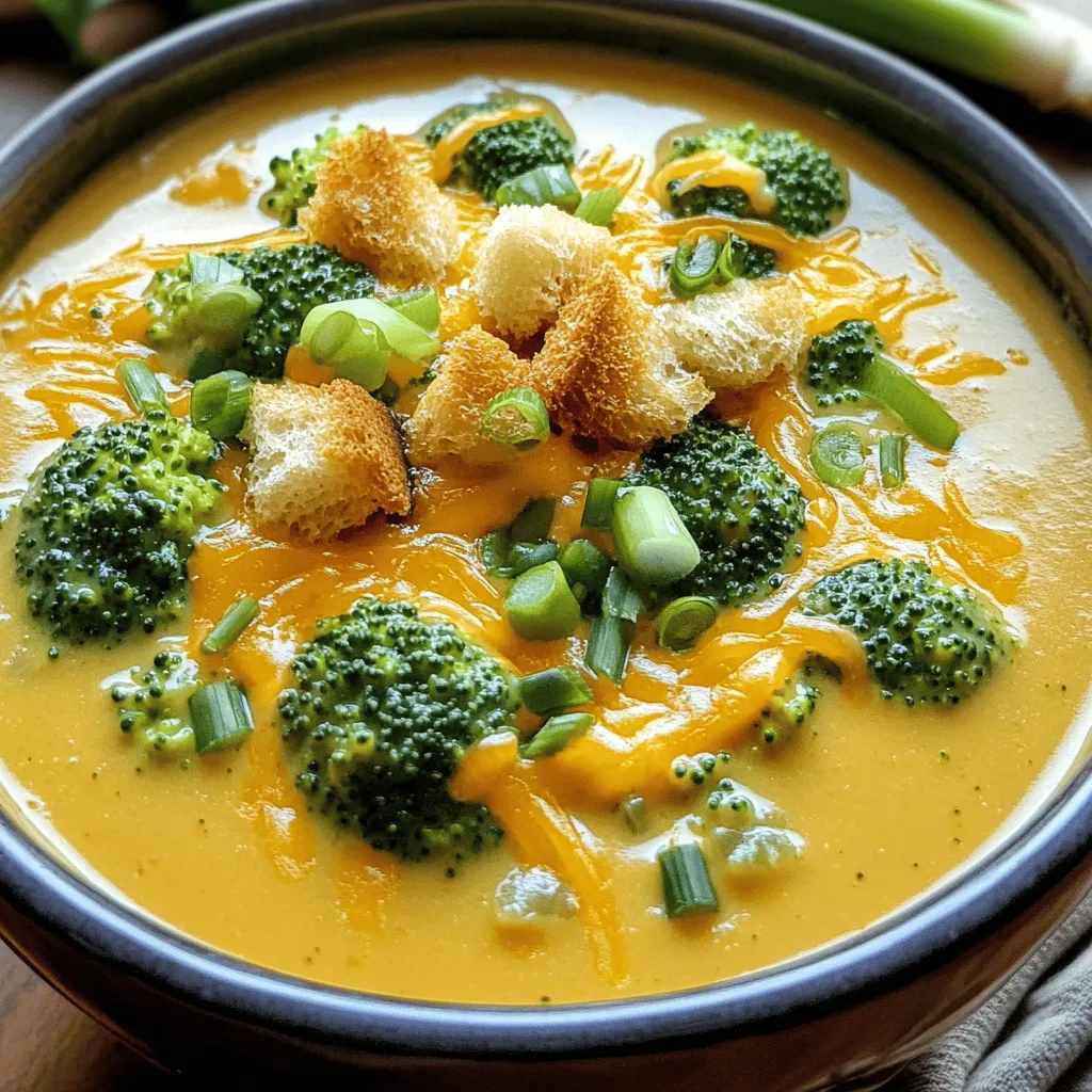 To create a great broccoli beer cheese soup, you need key ingredients. Start with four cups of broccoli florets. Fresh or frozen broccoli works fine. Next, you will need one medium onion, diced, and two cloves of garlic, minced. The onion adds sweetness, while garlic gives flavor.