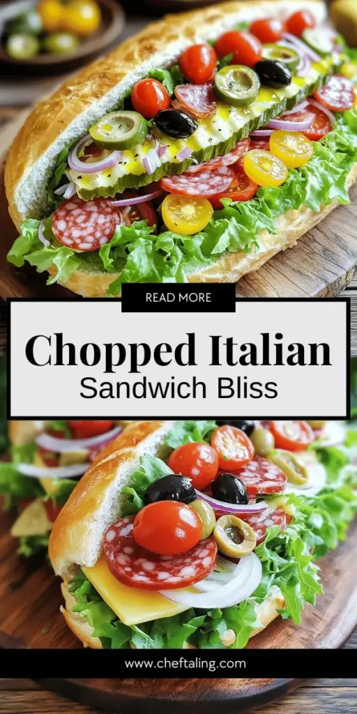 Elevate your lunch with a delightful Chopped Italian Sandwich! This recipe combines savory meats like salami and capicola with fresh veggies and zesty condiments for a flavor explosion. Perfect for any occasion, you'll find easy steps to craft this tasty treat from scratch. Discover tips for customization and serving ideas that everyone will love. Ready to impress your taste buds? Click through for the full recipe and start creating your culinary masterpiece today!