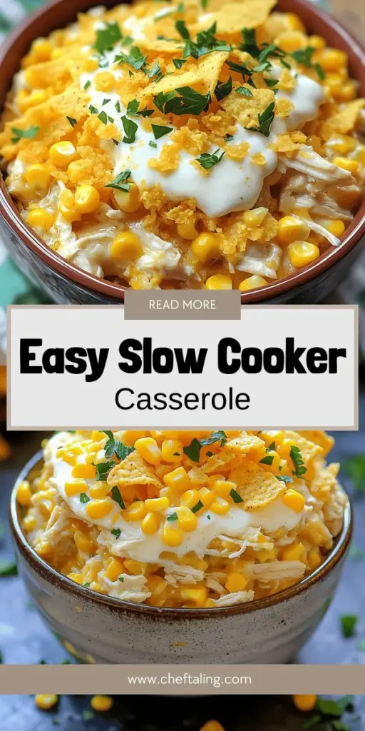 Discover how to make a delicious and easy meal with my Slow Cooker Corn Chicken Casserole! This mouthwatering dish combines savory chicken, sweet corn, and creamy ingredients to create a perfect comfort food. Follow my simple steps to prepare it effortlessly, and don’t forget to check out fun customization options! Click through to explore the full recipe and elevate your weeknight dinners with this tasty meal that your family will love!