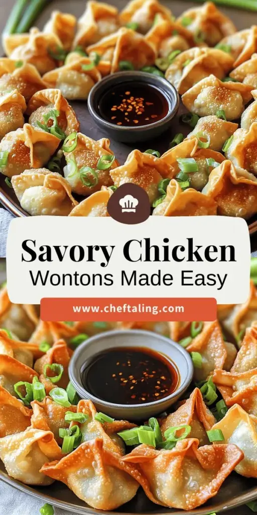 Elevate your dinner with this easy and flavorful savory chicken wontons recipe! Packed with delicious ground chicken, fresh green onions, and aromatic ginger and garlic, these bite-sized treats are perfect for any occasion. Learn how to fill and fold wontons like a pro, explore creative variations, and discover the best cooking methods. Click through to find the full recipe and impress your guests with these mouthwatering chicken wontons tonight!