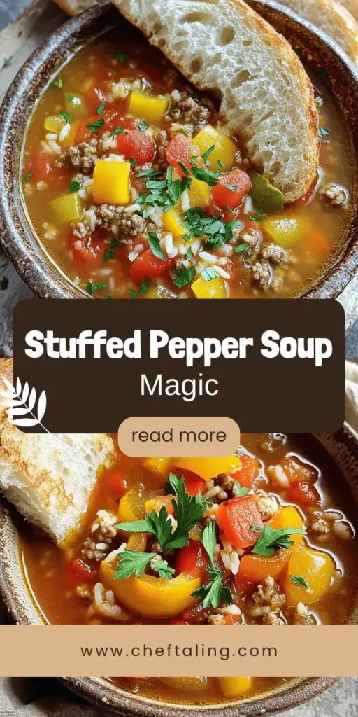 Experience the ultimate comfort food with Stuffed Pepper Soup Delight, a heartwarming recipe that combines the classic flavors of stuffed peppers into a delicious, nourishing soup. Packed with ground turkey or beef, vibrant bell peppers, and nutritious grains, this easy-to-make dish is perfect for cozy weeknight dinners or gatherings with loved ones. Click through for the full recipe and bring warmth to your kitchen today!