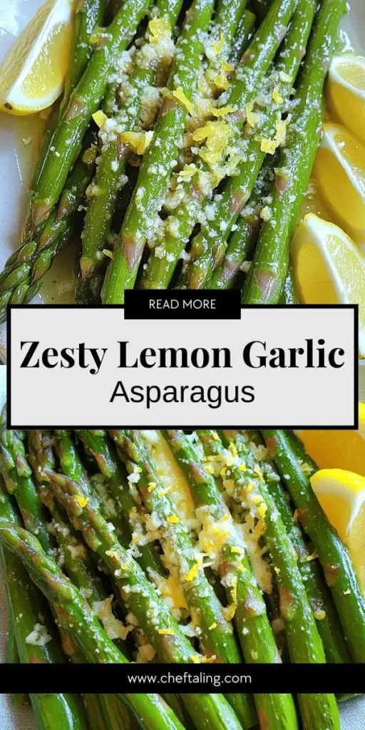 Elevate your meals with this delicious Lemon Garlic Asparagus recipe! This simple and healthy dish combines fresh asparagus, zesty lemon, and aromatic garlic for a burst of flavor. Whether you're serving it as a side or incorporating it into a main meal, this versatile recipe is sure to impress. Discover essential cooking tips, fun variations, and nutritional benefits in our full guide. Click through to explore the complete recipe and start cooking today!