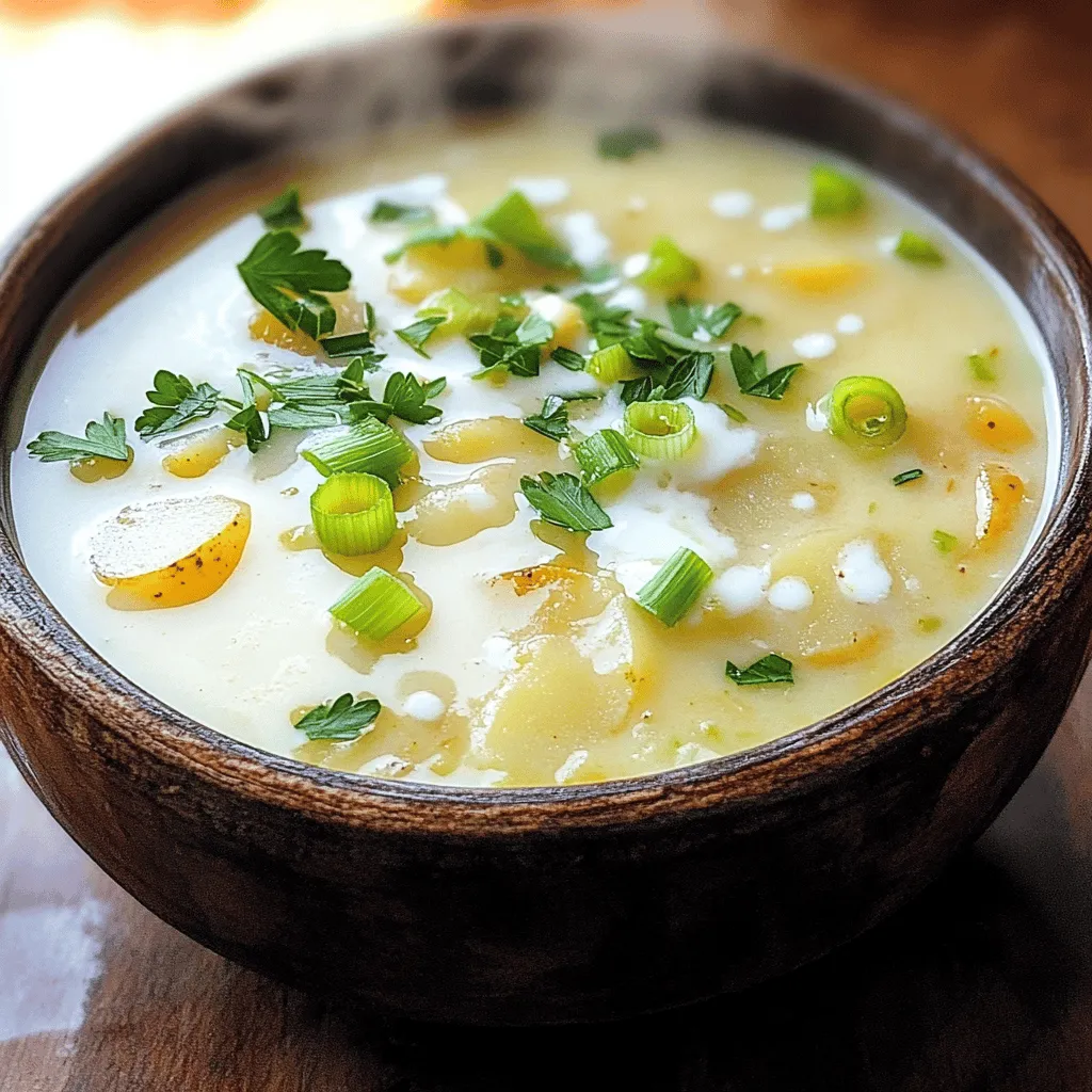 The potato garlic soup recipe uses simple, fresh ingredients. The main star is the potato. I love using russet potatoes. They are starchy and creamy, making the soup rich and smooth. You need about four large russets, peeled and diced.