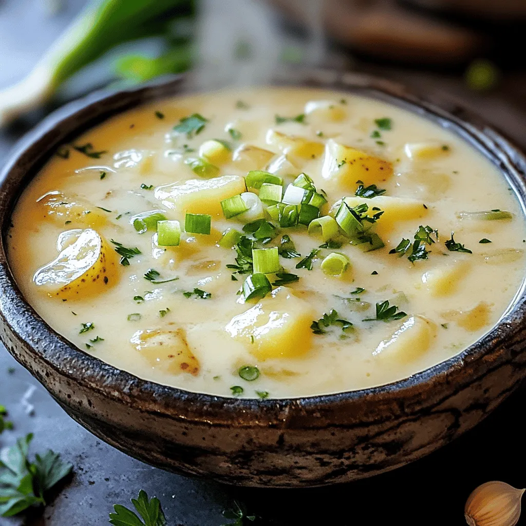 The potato garlic soup recipe uses simple, fresh ingredients. The main star is the potato. I love using russet potatoes. They are starchy and creamy, making the soup rich and smooth. You need about four large russets, peeled and diced.