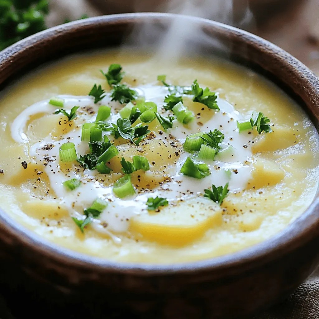 The potato garlic soup recipe uses simple, fresh ingredients. The main star is the potato. I love using russet potatoes. They are starchy and creamy, making the soup rich and smooth. You need about four large russets, peeled and diced.