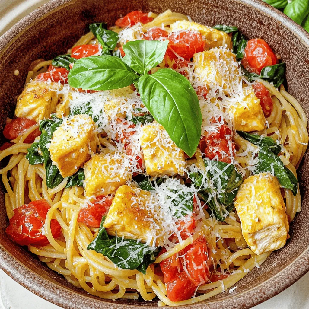 The key ingredients for a delicious tomato spinach chicken spaghetti recipe are simple yet vibrant. First, you need spaghetti. It forms the base of the dish and absorbs all the flavors. Use fresh or dried spaghetti, depending on what you have.