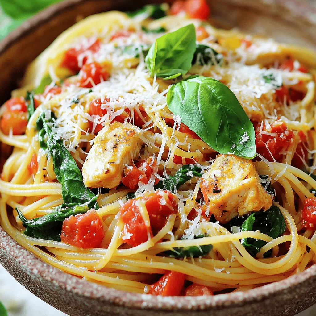 The key ingredients for a delicious tomato spinach chicken spaghetti recipe are simple yet vibrant. First, you need spaghetti. It forms the base of the dish and absorbs all the flavors. Use fresh or dried spaghetti, depending on what you have.