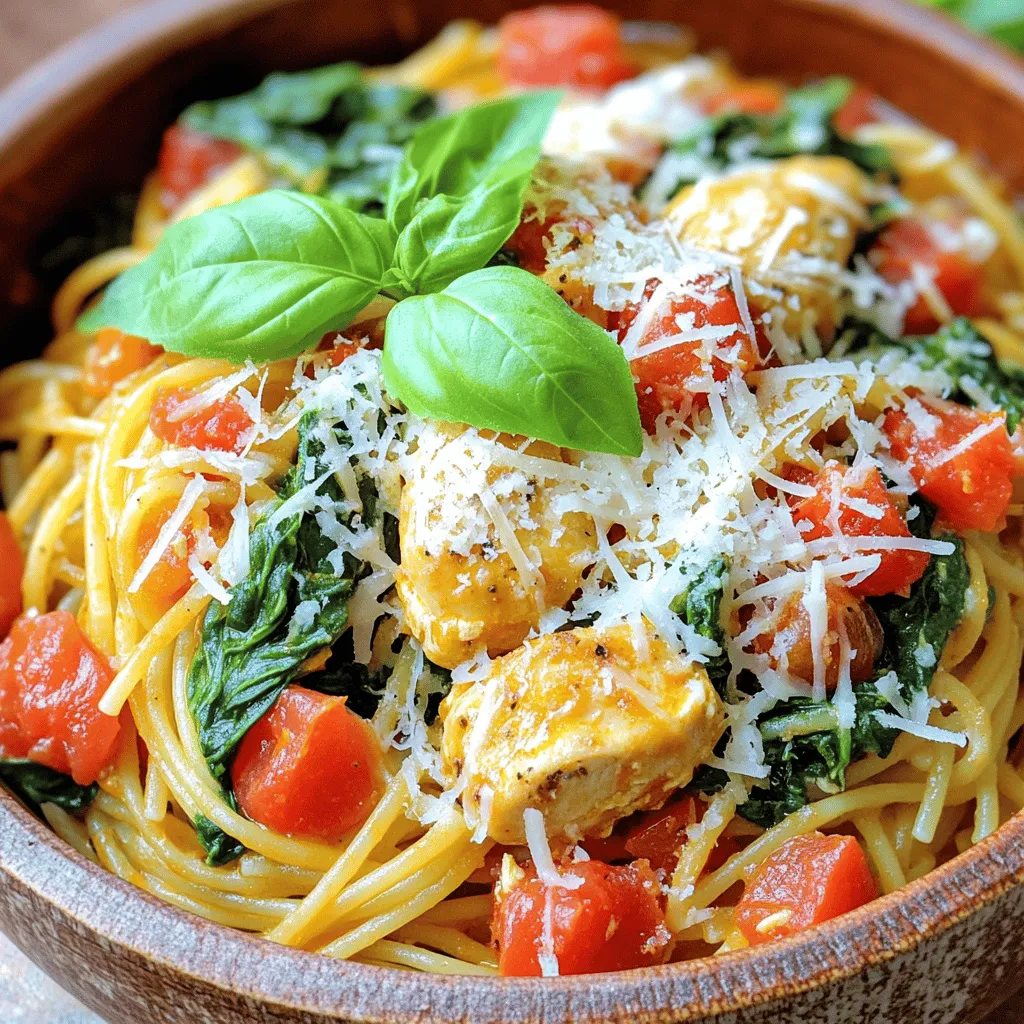 The key ingredients for a delicious tomato spinach chicken spaghetti recipe are simple yet vibrant. First, you need spaghetti. It forms the base of the dish and absorbs all the flavors. Use fresh or dried spaghetti, depending on what you have.