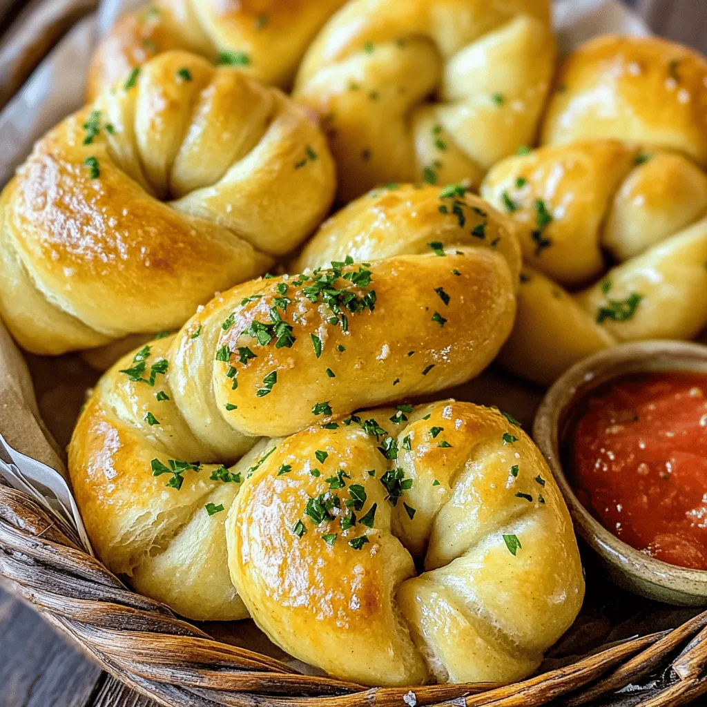 To make easy garlic knots, you need a few simple ingredients. The base of the dough includes all-purpose flour, instant yeast, salt, and sugar. For a great texture, we use 2 cups of flour. Instant yeast helps the dough rise quickly. You only need 1 teaspoon of it, along with 1 teaspoon of salt and 1 tablespoon of sugar.