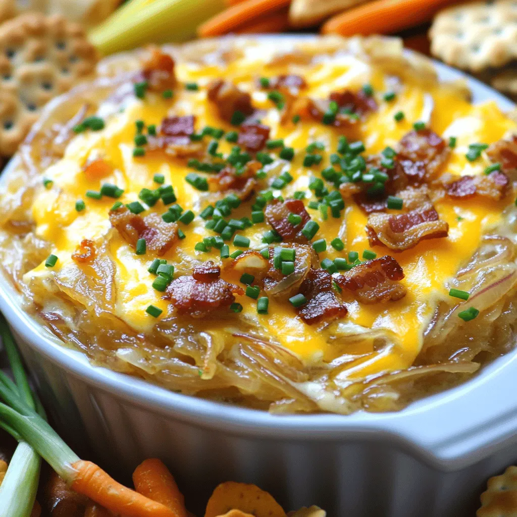 To make a great caramelized onion and bacon dip, you need a few key ingredients. First, you will need four large onions. Slice them thinly, as this helps them cook down nicely. Next, six slices of bacon add a savory crunch and rich flavor.