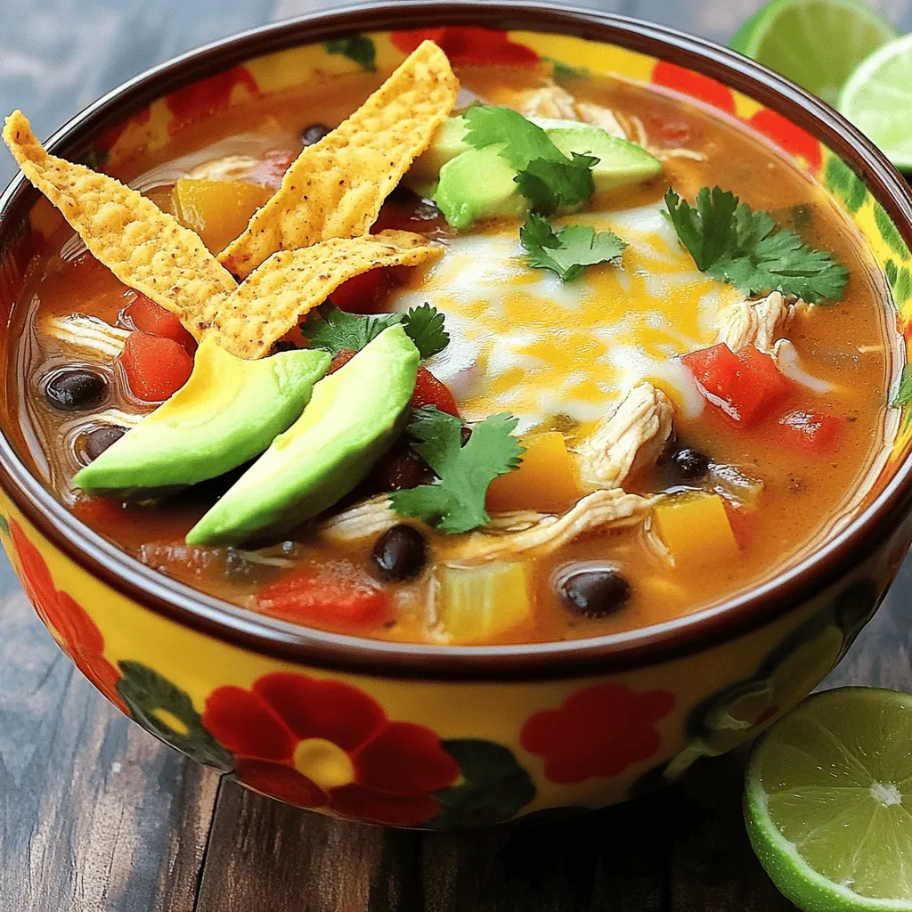 To make a tasty chicken tortilla soup, you need some key ingredients. First, use <strong>boneless, skinless chicken thighs</strong> for the best flavor. These thighs stay juicy and tender when cooked. You will also need <strong>olive oil</strong> to sauté the vegetables. This adds depth to the soup.” /></p>
</p>
<h2>What Are Some Popular Variations of Chicken Tortilla Soup?</h2>
</p>
<p>Chicken tortilla soup has many tasty variations. You can switch up ingredients and flavors to suit your taste.</p>
</p>
<p>One popular variation is spicy chicken tortilla soup. To make it spicy, add more jalapeños or use a hotter pepper. You can also add cayenne pepper or a splash of hot sauce. This will give your soup a nice kick!</p>
</p>
<p>For those looking for a healthy chicken tortilla soup, use lean chicken breast instead of thighs. You can also add more vegetables like zucchini or spinach. Using low-sodium chicken broth helps keep it healthy too. This way, you enjoy the flavors without too much salt or fat.</p>
</p>
<p>Another delicious twist is adding unique toppings. Try crumbled queso fresco or pickled red onions for a fresh taste. Each variation allows you to explore new flavors and textures.It’s a great base to start from and customize as you like!</p>
</p>
<h2>How Can Chicken Tortilla Soup Be Made in Different Cooking Styles?</h2>
</p>
<p>You can make chicken tortilla soup in many ways. The slow cooker, Instant Pot, and one-pot methods are great options. Each style offers unique benefits and flavors.</p>
</p>
<h3>What steps should you take to prepare chicken tortilla soup in a slow cooker?</h3>
</p>
<p>To make slow cooker chicken tortilla soup, start with your ingredients.Place everything in the slow cooker. Set it on low for 6-8 hours or high for 3-4 hours. The long cooking time helps the flavors blend well. When it is ready, shred the chicken right in the pot. Serve hot with your favorite toppings.</p>
</p>
<h3>How can you make chicken tortilla soup in an Instant Pot?</h3>
</p>
<p>Making chicken tortilla soup in an Instant Pot is quick and easy. First, sauté the onion, garlic, and peppers using the sauté function. Then, add the chicken and spices. Pour in the broth and tomatoes. Close the lid and set it to high pressure for 10 minutes. Once done, let it release naturally for 10 minutes. Shred the chicken in the pot and stir in the corn and beans. This method cuts cooking time while keeping the soup flavorful.</p>
</p>
<h3>What are the benefits of making one-pot chicken tortilla soup?</h3>
</p>
<p>One-pot chicken tortilla soup saves time on cooking and cleanup. You can sauté, boil, and simmer all in one pot. This method also helps the flavors mix better. You use fewer dishes and get a tasty meal fast. It’s perfect for busy days when you want comfort food without a lot of fuss. One-pot meals are great for family dinners too.</p>
</p>
<p><img decoding=