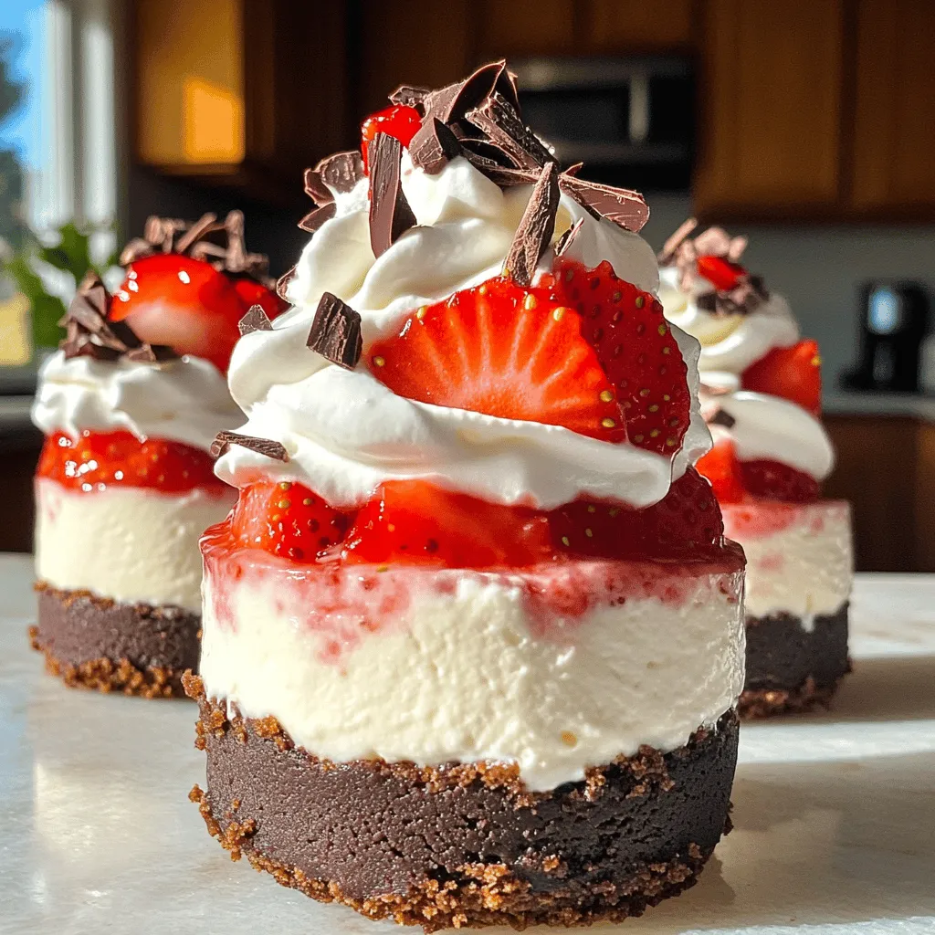 To make chocolate strawberry mini cheesecakes, you need key ingredients. The crust needs graham cracker crumbs, cocoa powder, sugar, and melted butter. These create a rich and tasty base.