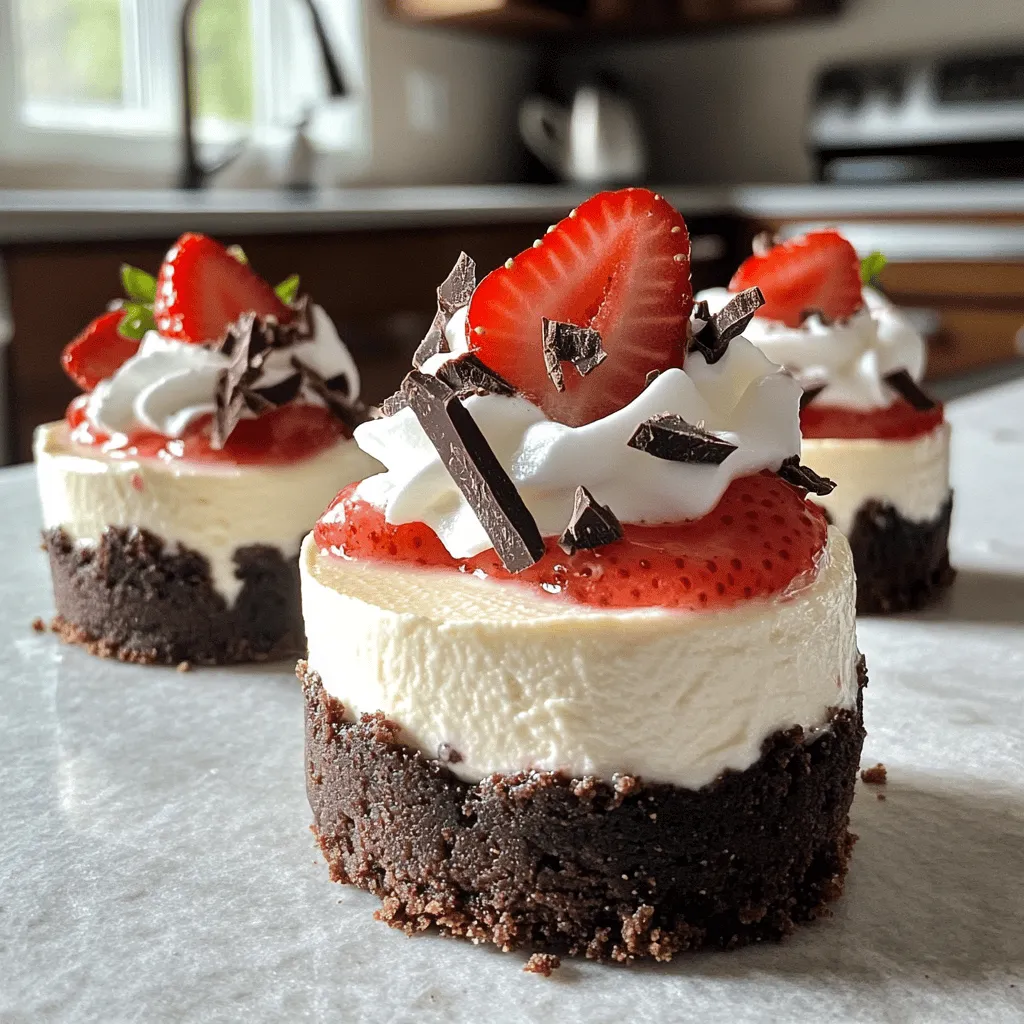 To make chocolate strawberry mini cheesecakes, you need key ingredients. The crust needs graham cracker crumbs, cocoa powder, sugar, and melted butter. These create a rich and tasty base.