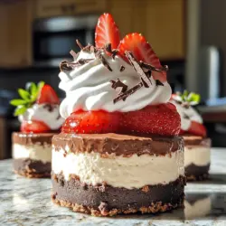 To make chocolate strawberry mini cheesecakes, you need key ingredients. The crust needs graham cracker crumbs, cocoa powder, sugar, and melted butter. These create a rich and tasty base.