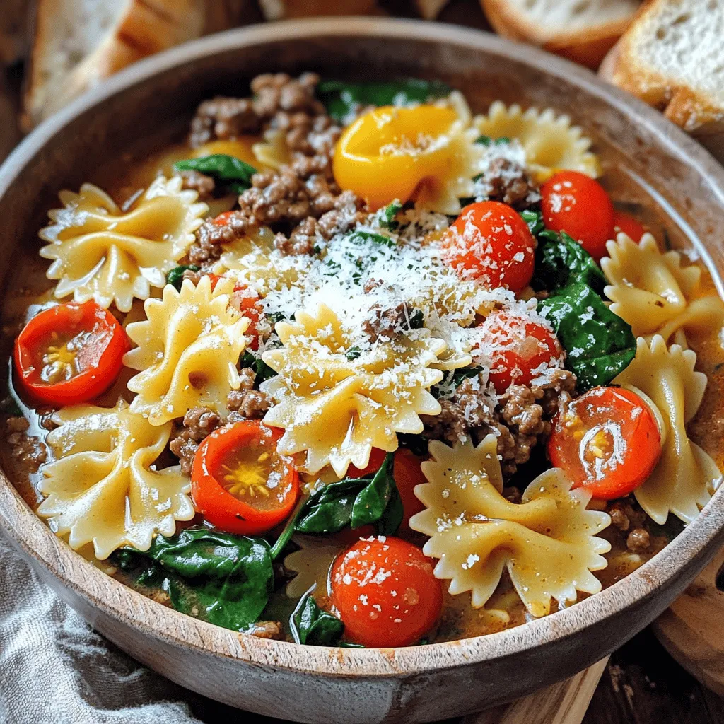 The main ingredients in the beef and bowtie pasta recipe are simple yet delicious. You need: