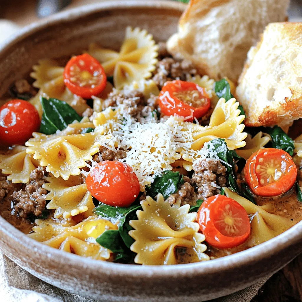 The main ingredients in the beef and bowtie pasta recipe are simple yet delicious. You need: