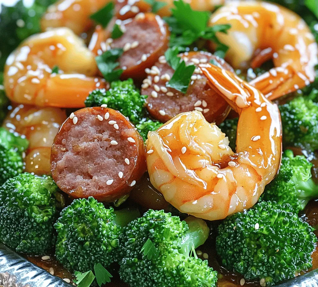 Imagine a dish that perfectly balances the richness of sautéed shrimp with the smoky undertones of sausage, all enveloped in a glossy, sweet, and savory honey garlic sauce. This is the essence of <strong>Sweet and Savory Honey Garlic Shrimp</strong>—a culinary masterpiece that brings together succulent shrimp, flavorful smoked sausage, and vibrant broccoli. This dish is not only a feast for the eyes but also a delight for the palate, making it an excellent choice for any occasion, whether it’s a casual weeknight dinner or an elegant gathering with friends.” /></p>
</p>
<h3>Whisking the Sauce</h3>
</p>
<p>The foundation of the Sweet and Savory Honey Garlic Shrimp lies in the sauce. Whisking the sauce properly is crucial to ensuring all flavors meld together harmoniously. Begin by combining the key ingredients: honey, soy sauce, minced garlic, and a sprinkling of red pepper flakes for a touch of heat. The honey acts as a natural sweetener, balancing the savory soy sauce, while the garlic infuses the sauce with aromatic depth.</p>
</p>
<p>When whisking, focus on achieving the right consistency. You want a sauce that is thick enough to coat your shrimp and vegetables without being overly sticky. If the sauce feels too thick, consider adding a splash of water or chicken broth to loosen it. This will not only help in achieving the desired texture but also enhance the overall flavor of the dish. Once you have a smooth, glossy sauce, set it aside while you prepare the other ingredients.</p>
</p>
<h3>Cooking the Sausage</h3>
</p>
<p>To bring out the deep, savory flavors of the sausage in your dish, start by slicing it into bite-sized pieces. A good technique for cooking sausage is to use medium heat in a large skillet or wok, allowing the fat to render slowly and infuse the oil. This process will yield beautifully browned pieces that add a rich, meaty flavor to the dish.</p>
</p>
<p>Cook the sausage for about 5-7 minutes, stirring occasionally until it’s golden and crispy on the outside. Be sure to avoid overcrowding the pan, as this can cause the sausage to steam rather than brown. Once cooked, remove the sausage from the pan and let it rest on a paper towel to absorb excess grease, retaining the flavorful drippings in the skillet for the next steps.</p>
</p>
<h3>Stir-Frying Broccoli</h3>
</p>
<p>Broccoli adds a vibrant green color and a crunchy texture to your Sweet and Savory Honey Garlic Shrimp. To maintain that beautiful color and crunchiness, blanch the broccoli briefly in boiling water before stir-frying. This method involves submerging the florets in boiling water for about 2-3 minutes, then immediately transferring them to an ice bath. This quick cooking method preserves the broccoli’s bright green hue and prevents it from becoming mushy.</p>
</p>
<p>Once blanched, add the broccoli to the skillet with the sausage drippings over medium-high heat. Stir-fry for another 2-3 minutes until it’s tender yet still crisp. This step enhances the flavor profile of your dish while ensuring that all vegetables retain their nutritional benefits.</p>
</p>
<h3>Cooking Shrimp</h3>
</p>
<p>Cooking shrimp is a delicate process; overcooked shrimp can become rubbery and unpalatable. Start with peeled and deveined shrimp, ideally of medium to large size for the best texture. Heat some oil in the skillet over medium-high heat, then add the shrimp in a single layer. Cook for about 2-3 minutes on one side until they turn pink and opaque, then flip them over to cook for an additional 1-2 minutes. The key is to watch for the color change—once they are no longer translucent, they are done.</p>
</p>
<p>To elevate the dish, consider seasoning the shrimp with a pinch of salt and pepper before cooking. This enhances their natural flavor and ensures every bite is delicious. Once cooked, remove the shrimp from the skillet and set them aside to avoid overcooking.</p>
</p>
<h3>Combining Ingredients</h3>
</p>
<p>The art of combining the ingredients is where the magic happens. After cooking the sausage, broccoli, and shrimp, lower the heat and return all the ingredients to the skillet. Pour the whisked sauce over the mixture and gently toss everything together. This step is crucial, as it allows the sauce to envelop each piece of shrimp and vegetable thoroughly, creating a cohesive dish.</p>
</p>
<p>Use tongs or a spatula to ensure even coating, avoiding the temptation to stir too vigorously, which could break apart the shrimp. Allow the mixture to cook for an additional minute or two, letting the sauce thicken slightly and integrate all the flavors beautifully. This final step ensures that every bite bursts with the sweet and savory notes of the honey garlic sauce.</p>
</p>
<h3>Garnishing</h3>
</p>
<p>Presentation is essential, especially when serving a dish that combines such vibrant colors and flavors. To enhance the visual appeal of your Sweet and Savory Honey Garlic Shrimp, consider garnishing it with freshly chopped green onions and sesame seeds. The green onions add a bright, fresh note, while the sesame seeds introduce a subtle nuttiness that complements the dish.</p>
</p>
<p>Serve the dish in a large bowl or on a platter, allowing the colors to pop. A squeeze of fresh lime juice on top just before serving can also elevate the flavors, adding a zesty finish that balances the sweetness of the honey. This simple touch can make a significant difference in the overall enjoyment of the meal.</p>
</p>
<h3>Cooking Time and Servings</h3>
</p>
<p>For those who enjoy efficient meal planning, this dish is perfect. The total cooking time is about 30 minutes, making it an ideal option for weeknight dinners. Here’s a quick breakdown for your convenience:</p>
</p>
<p>– <strong>Preparation Time</strong>: 10 minutes</p>
<p>– <strong>Cooking Time</strong>: 20 minutes</p>
<p>– <strong>Total Time</strong>: 30 minutes</p>
</p>
<p>As for servings, this recipe comfortably feeds 4 people, making it a great choice for family dinners or gatherings. Pair it with a side of steamed rice or quinoa to soak up the delicious sauce, or serve it alongside a fresh green salad for a lighter meal.</p>
</p>
<h3>Nutritional Information</h3>
</p>
<p>Understanding the nutritional profile of your meals is essential for a balanced diet. This Sweet and Savory Honey Garlic Shrimp recipe provides an excellent source of protein while being relatively low in calories. Here’s a breakdown of the approximate nutritional values per serving:</p>
</p>
<p>– <strong>Calories</strong>: 350</p>
<p>– <strong>Protein</strong>: 25g</p>
<p>– <strong>Fat</strong>: 15g</p>
<p>– <strong>Carbohydrates</strong>: 30g</p>
<p>– <strong>Fiber</strong>: 2g</p>
</p>
<p>For those looking to modify the recipe to fit specific dietary needs, consider the following options:</p>
</p>
<p>– <strong>Gluten-Free</strong>: Use gluten-free soy sauce or coconut aminos in place of regular soy sauce.</p>
<p>– <strong>Low-Carb</strong>: Substitute the rice or quinoa with cauliflower rice for a low-carb alternative.</p>
<p>– <strong>Dairy-Free</strong>: This recipe is naturally dairy-free, making it suitable for lactose-intolerant individuals.</p>
</p>
<h3>Variations and Substitutions</h3>
</p>
<p>One of the best aspects of this recipe is its versatility. If you’re looking to mix things up, here are some creative variations and substitutions to cater to different tastes and dietary preferences:</p>
</p>
<p>– <strong>Alternative Proteins</strong>: If shrimp isn’t your favorite, try using chicken breast, firm tofu, or even scallops. Each protein brings its unique flavor and texture while still pairing well with the honey garlic sauce.</p>
<p>– <strong>Vegetable Swaps</strong>: Broccoli is an excellent choice, but feel free to incorporate other vegetables like bell peppers, snap peas, or carrots. These additions not only enhance the dish’s nutritional profile but also add vibrant colors and varied textures.</p>
<p>– <strong>Flavor Variations</strong>: For those who enjoy a bit more heat, consider adding a dash of Sriracha or chili paste to the sauce. Alternatively, introduce a splash of pineapple juice for a tropical twist on the classic flavors.</p>
</p>
<h3>Conclusion</h3>
</p>
<p>The Sweet and Savory Honey Garlic Shrimp is more than just a meal; it’s a delightful culinary experience that brings together the sweetness of honey and the savory depth of garlic and sausage. The ease of preparation coupled with the versatility of ingredients makes this dish a perfect choice for any occasion, whether it’s a weeknight family dinner or a special gathering with friends.</p>
</p>
<p>Encouraging readers to try their hand at this recipe not only allows them to explore new flavors but also invites them to enjoy the process of cooking and sharing meals with loved ones. There’s joy in creating something delicious, and this dish is a testament to that joy—inviting, flavorful, and satisfying. So gather your ingredients, whisk your sauce, and embark on a flavorful journey with Sweet and Savory Honey Garlic Shrimp that everyone will love!</p>
</div>