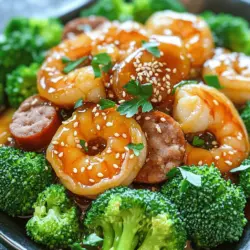 Imagine a dish that perfectly balances the richness of sautéed shrimp with the smoky undertones of sausage, all enveloped in a glossy, sweet, and savory honey garlic sauce. This is the essence of Sweet and Savory Honey Garlic Shrimp—a culinary masterpiece that brings together succulent shrimp, flavorful smoked sausage, and vibrant broccoli. This dish is not only a feast for the eyes but also a delight for the palate, making it an excellent choice for any occasion, whether it's a casual weeknight dinner or an elegant gathering with friends.