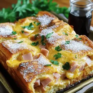 The monte cristo breakfast casserole is a fun twist on the classic sandwich. It combines bread, eggs, cheese, and meats into one dish. This makes it perfect for breakfast or brunch. You can serve it to family or friends, and everyone will love it.