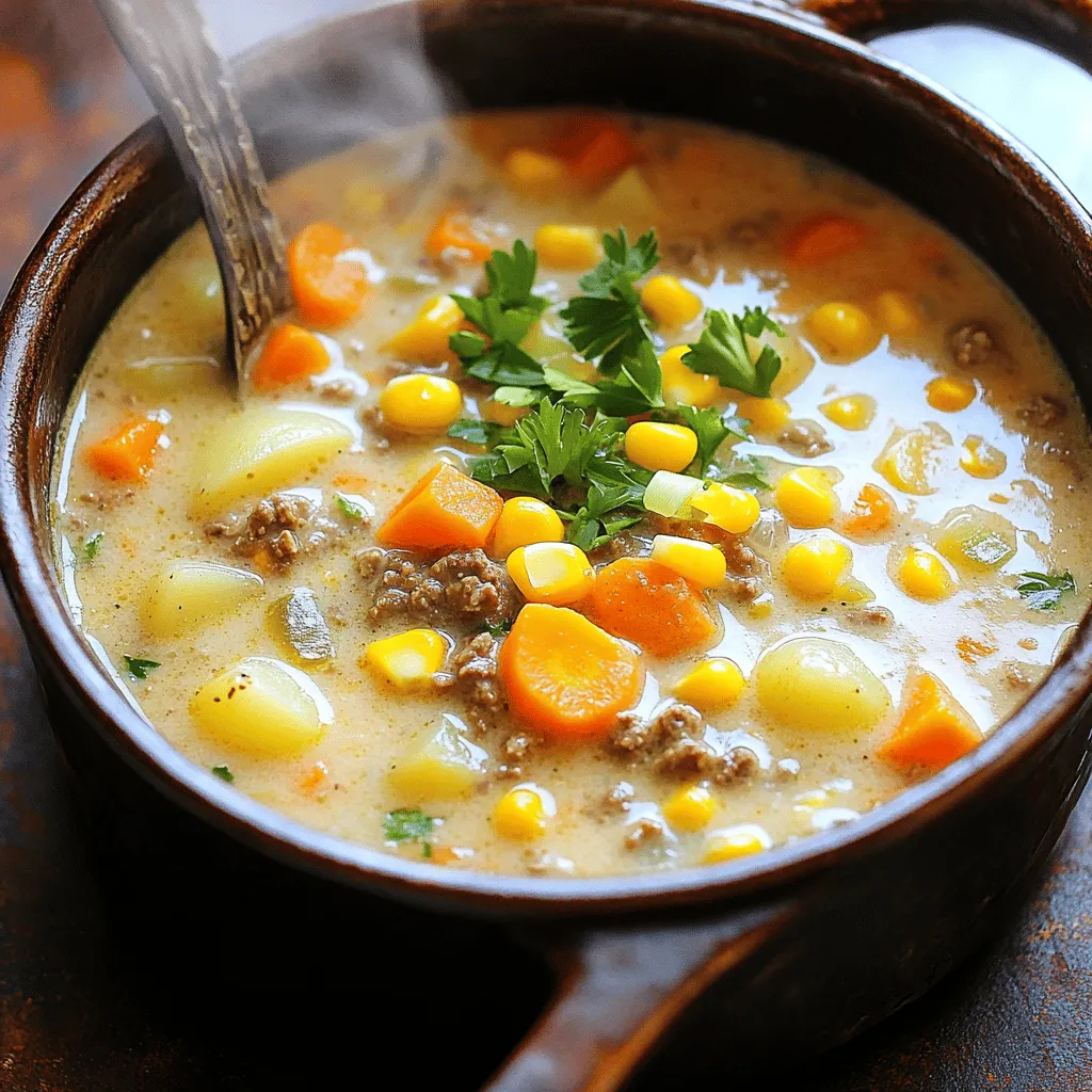 To make a great beef ham and corn chowder, you need key ingredients. The main ones are ground beef, corn, and potatoes. These ingredients form a hearty base. You can also add carrots and onion for extra flavor. The beef gives a rich taste. The corn adds sweetness, while the potatoes make it creamy.