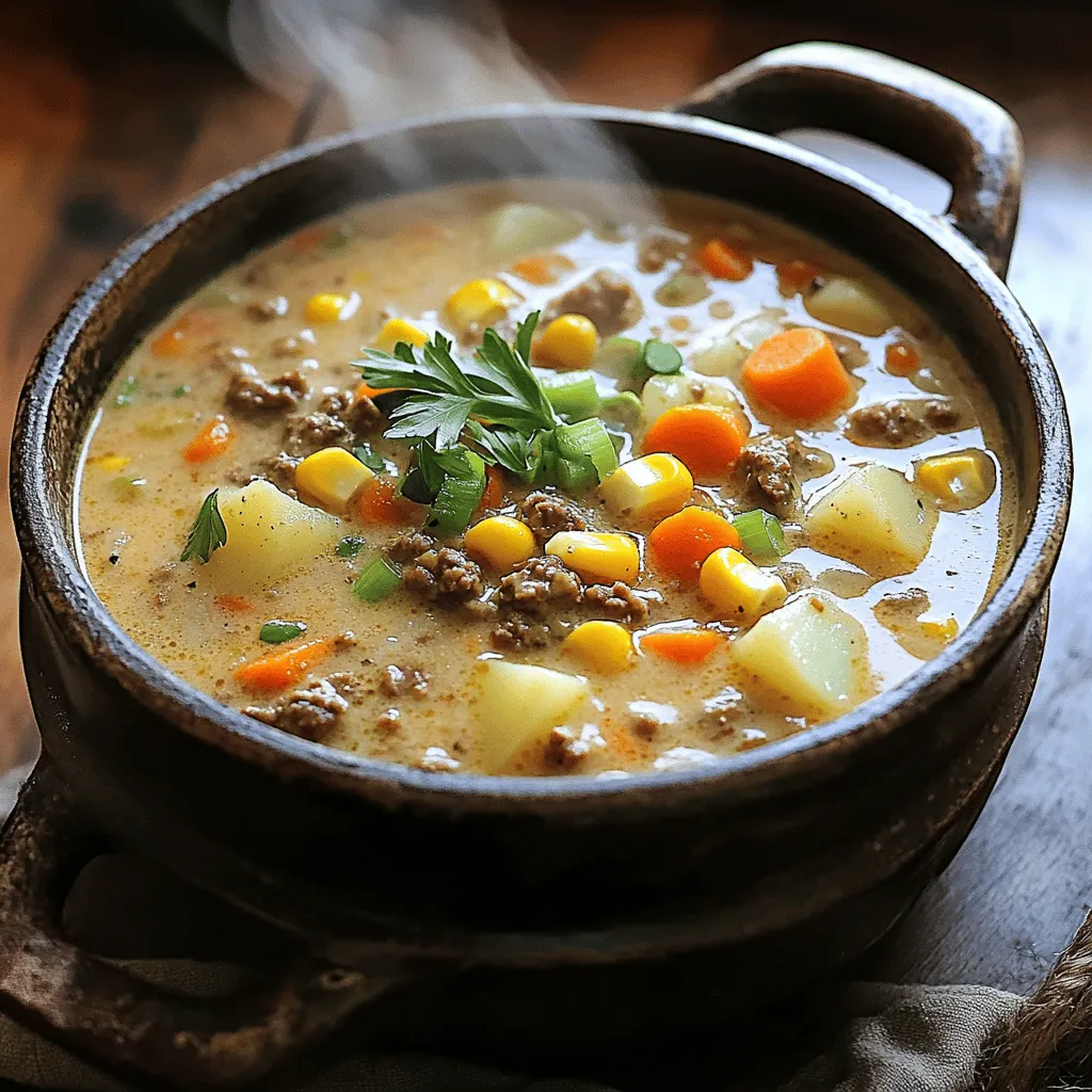 To make a great beef ham and corn chowder, you need key ingredients. The main ones are ground beef, corn, and potatoes. These ingredients form a hearty base. You can also add carrots and onion for extra flavor. The beef gives a rich taste. The corn adds sweetness, while the potatoes make it creamy.