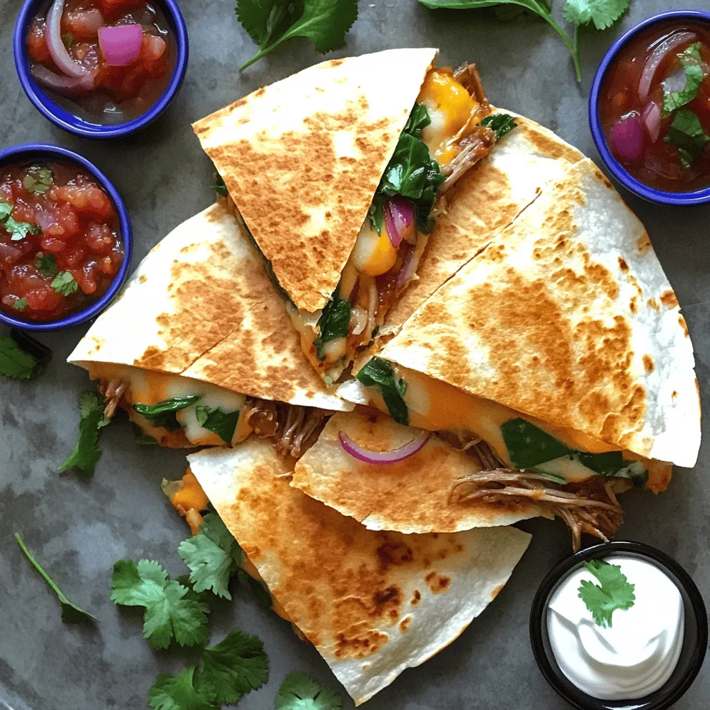 To make a great pulled pork quesadilla, you need key ingredients. First, you need pulled pork. I love using smoked pulled pork for that rich flavor. The next must-have is cheese for quesadillas. I recommend a mix of cheddar and mozzarella. This combo melts well and adds depth to each bite.