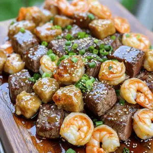 To make savory steak bites and shrimp, gather the right ingredients. You need 1 pound of sirloin steak cut into bite-sized pieces. For the shrimp, use 1 pound of large shrimp that are peeled and deveined.