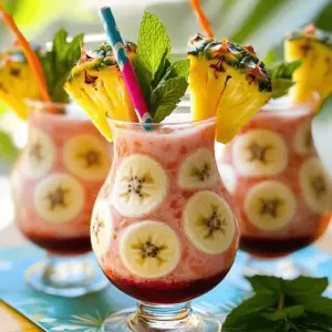 To make a Pink Flamingo Colada, you need fresh, fun ingredients. The main fruits are pineapple and banana. Pineapple gives it a sweet, tangy taste. The banana adds creaminess. Together, they create a smooth texture.