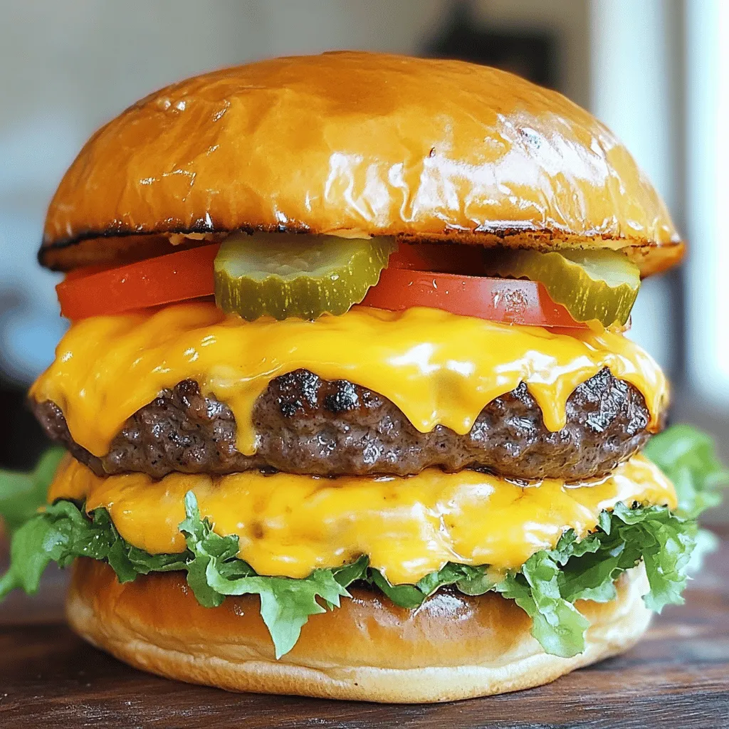 To make a great Double Cheesy Smash Burger, you need some key ingredients. Start with 1 lb of ground beef. I like using an 80/20 blend for the right fat content. This gives the burger a juicy bite. You will need 4 slices of cheddar cheese and 2 slices of American cheese. These cheeses melt well and add rich flavor.