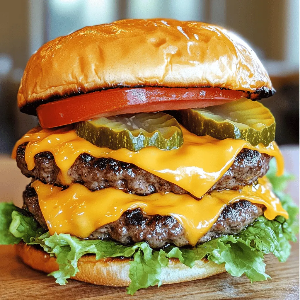 To make a great Double Cheesy Smash Burger, you need some key ingredients. Start with 1 lb of ground beef. I like using an 80/20 blend for the right fat content. This gives the burger a juicy bite. You will need 4 slices of cheddar cheese and 2 slices of American cheese. These cheeses melt well and add rich flavor.