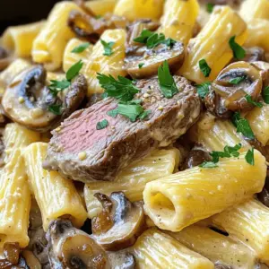 The creamy steak and mushroom rigatoni recipe uses a few key ingredients. First, you need rigatoni pasta. This shape holds sauce well. It is perfect for our creamy dish.