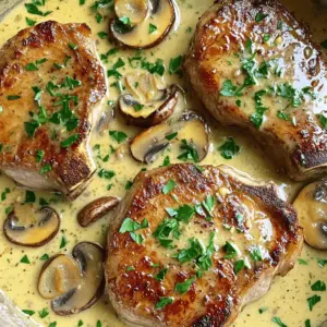 To make garlic pork chops in creamy mushroom sauce, gather these key ingredients: