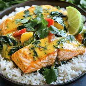 To make coconut curry salmon, you need simple ingredients. Gather these items first. You will need four salmon fillets, coconut oil, a can of coconut milk, red curry paste, fish sauce, and brown sugar. Don’t forget garlic, ginger, bell pepper, fresh spinach, salt, and pepper. Finally, have cilantro and jasmine rice ready for serving.