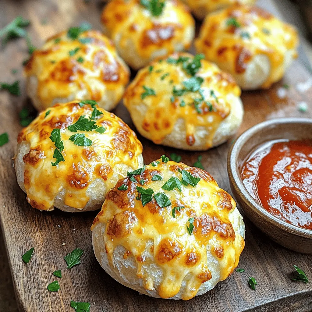 To make delicious cheesy garlic bombs, you need a few simple ingredients. Start with 1 can of refrigerated pizza dough. This dough gives you a nice base that puffs up well. For the cheesy filling, use 1 cup of shredded mozzarella cheese and ½ cup of shredded cheddar cheese. These cheeses melt beautifully and add great flavor.