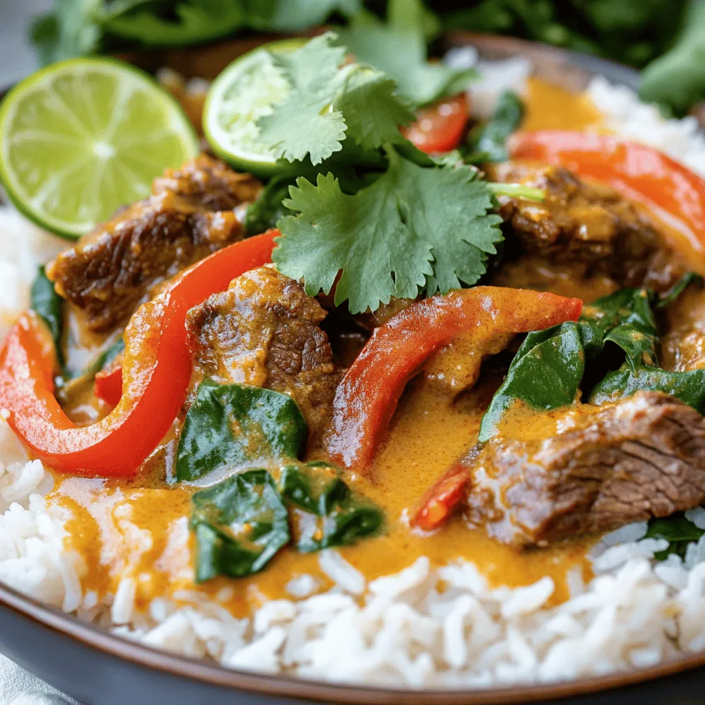 Coconut red curry drip beef is a rich and tasty dish. It features tender chunks of beef in a creamy coconut sauce. The flavors come from the red curry paste, garlic, and ginger. This dish is comforting and full of exciting tastes.