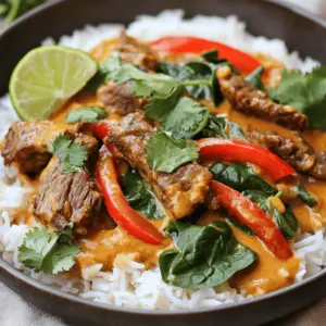Coconut red curry drip beef is a rich and tasty dish. It features tender chunks of beef in a creamy coconut sauce. The flavors come from the red curry paste, garlic, and ginger. This dish is comforting and full of exciting tastes.