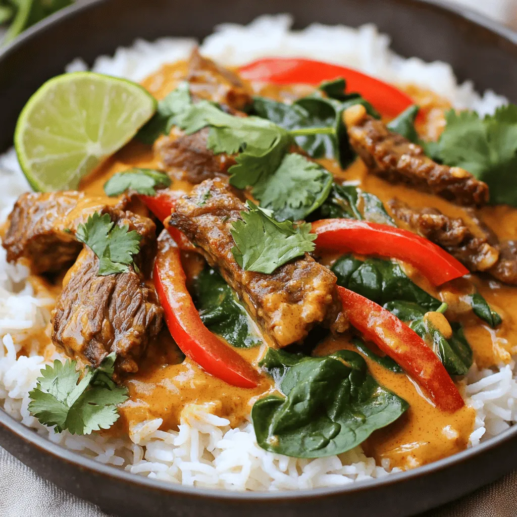 Coconut red curry drip beef is a rich and tasty dish. It features tender chunks of beef in a creamy coconut sauce. The flavors come from the red curry paste, garlic, and ginger. This dish is comforting and full of exciting tastes.