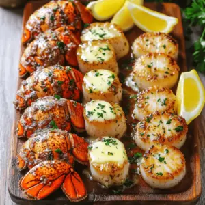 For a garlic butter lobster tail and scallops feast, you need fresh ingredients. Start with two lobster tails and eight large sea scallops. You will also need four tablespoons of unsalted butter and four cloves of minced garlic. Fresh parsley adds flavor, so grab two tablespoons. A tablespoon of lemon juice brightens the dish, while paprika adds a hint of spice. Finally, season with salt and pepper to taste. Lemon wedges serve as a lovely garnish.