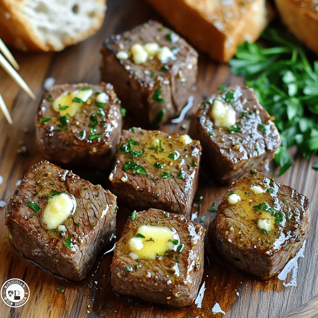 You need just a few simple ingredients to make irresistible garlic butter steak bites. First, choose your steak. I love using sirloin steak for this recipe. It’s tender, flavorful, and cooks well. Cut it into bite-sized cubes, about one inch each. This helps them cook evenly and quickly.