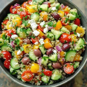 To make a Greek Quinoa Chopped Salad, you need several fresh salad ingredients. Start with 1 cup of quinoa, which is the base of the salad. Quinoa adds a nice texture and is a great source of protein. You will also need 2 cups of water or vegetable broth to cook the quinoa. For the veggies, grab 1 cucumber, 1 bell pepper (red or yellow), and 1 cup of cherry tomatoes. These vegetables bring crunch and sweetness.