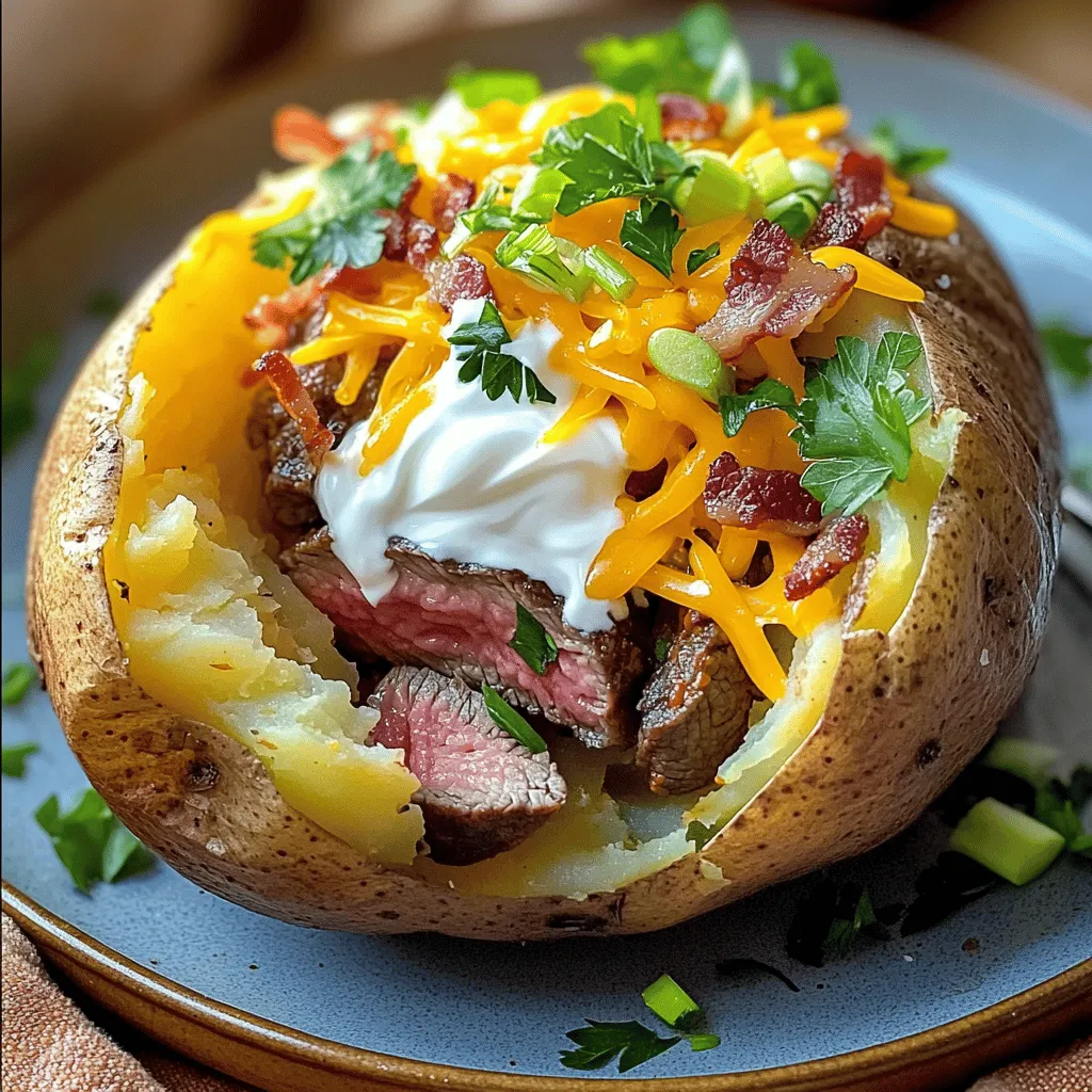 To make a loaded baked potato with steak bites, you need simple, fresh ingredients. Here are the key items for the recipe: