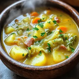 The key ingredients for Irish bacon, cabbage, and potato soup create a rich flavor. First, you need 6 strips of Irish bacon. This bacon adds a smoky taste and a crispy texture. Next, we have 1 medium onion, which gives the soup depth. Two cloves of minced garlic add a nice aroma.