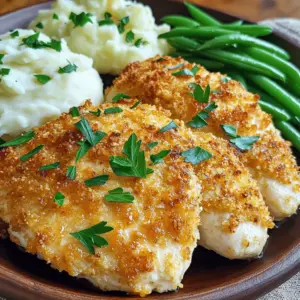 To make Copycat Longhorn Parmesan Crusted Chicken, you need a few key ingredients. First, you start with two boneless, skinless chicken breasts. The chicken is the star of the dish. Next, marinating the chicken in one cup of buttermilk helps keep it moist. For the crust, you will need one cup of all-purpose flour mixed with garlic powder, onion powder, paprika, salt, and black pepper. This blend adds great flavor. You will also need one cup of grated Parmesan cheese and half a cup of breadcrumbs, preferably Panko. These ingredients create the crispy, cheesy crust. Lastly, a little chopped fresh parsley adds color and freshness when you serve it.