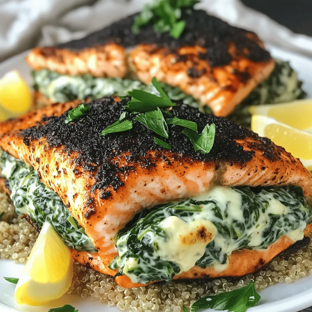 This blackened salmon recipe needs fresh salmon fillets, cream cheese, and spinach. You will also need Parmesan cheese, sour cream, garlic, lemon zest, olive oil, Cajun seasoning, salt, and pepper. Each ingredient adds to the taste and texture of the dish.