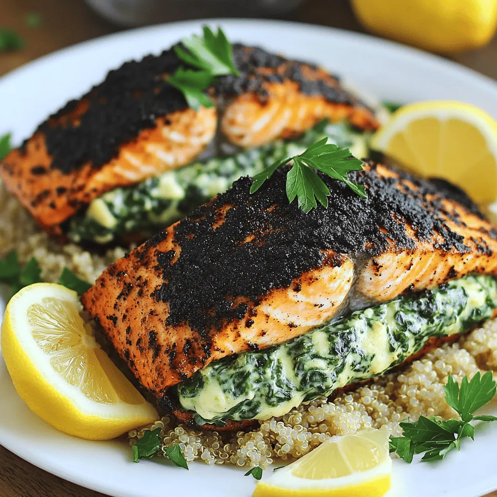 This blackened salmon recipe needs fresh salmon fillets, cream cheese, and spinach. You will also need Parmesan cheese, sour cream, garlic, lemon zest, olive oil, Cajun seasoning, salt, and pepper. Each ingredient adds to the taste and texture of the dish.